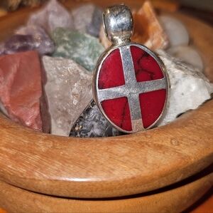 Vtg Stamped 925 Mexico Sterling Silver Red Jasper Stone Inlay Oval Heavy Pendant